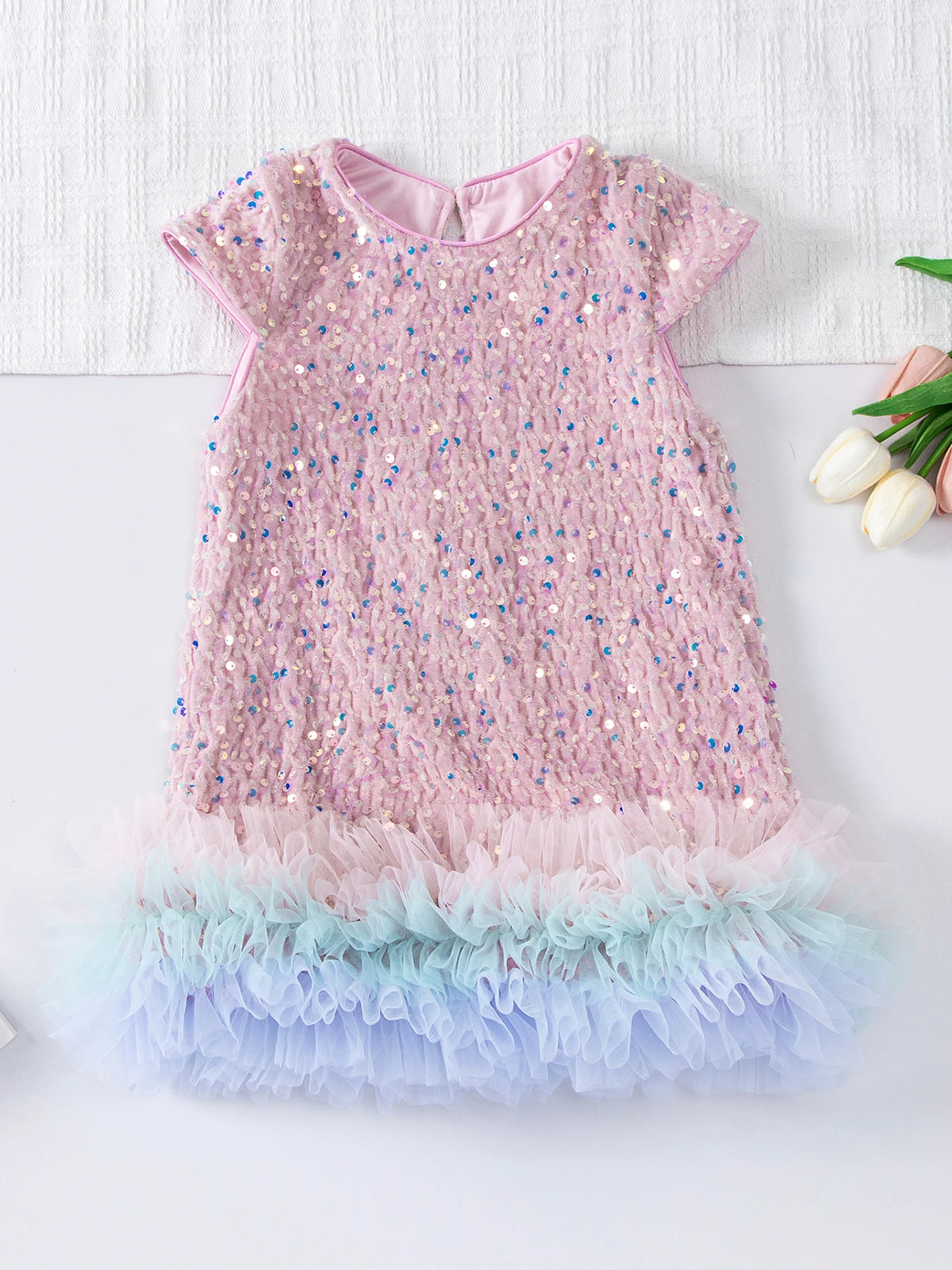 Girls Sequin Party Dress, Short Sleeve Sparkle Dress with Fluffy Mesh Ruffle Hem and Cotton Blend Lining for Birthdays and Holiday Photos, 2T-6T