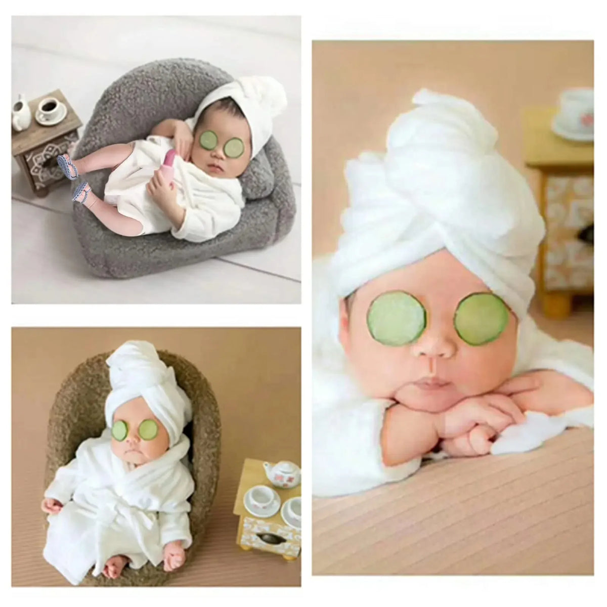 Baby Spa Photo Prop Set, 5-Piece Newborn Bathrobe Outfit with Towel, Slippers and Cucumber Props for Boys and Girls 0-6 Months