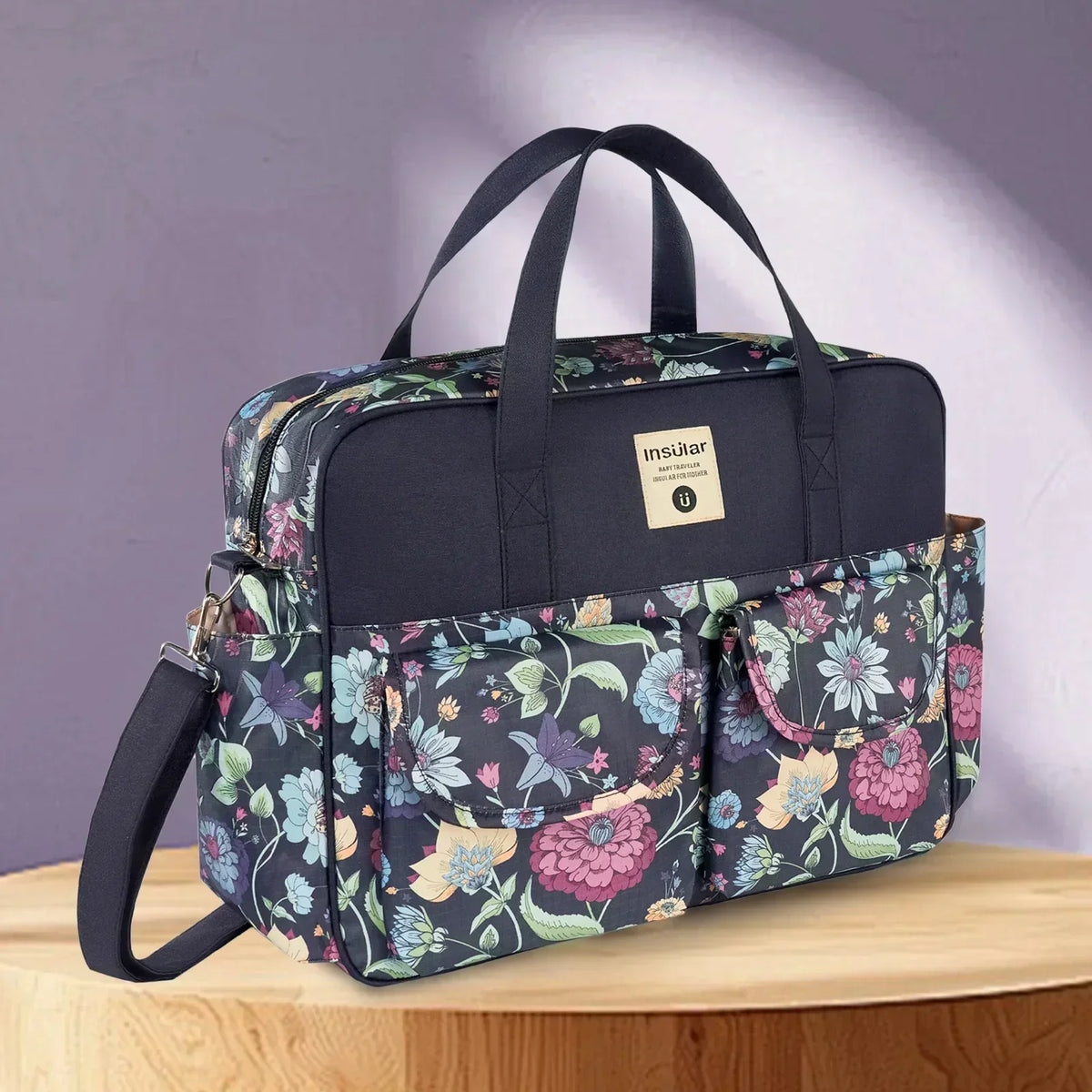 Diaper Tote Bag with Wide Opening and Printed Front Pockets, Large Capacity Baby Essentials Organizer for Moms, Travel and Everyday Outings