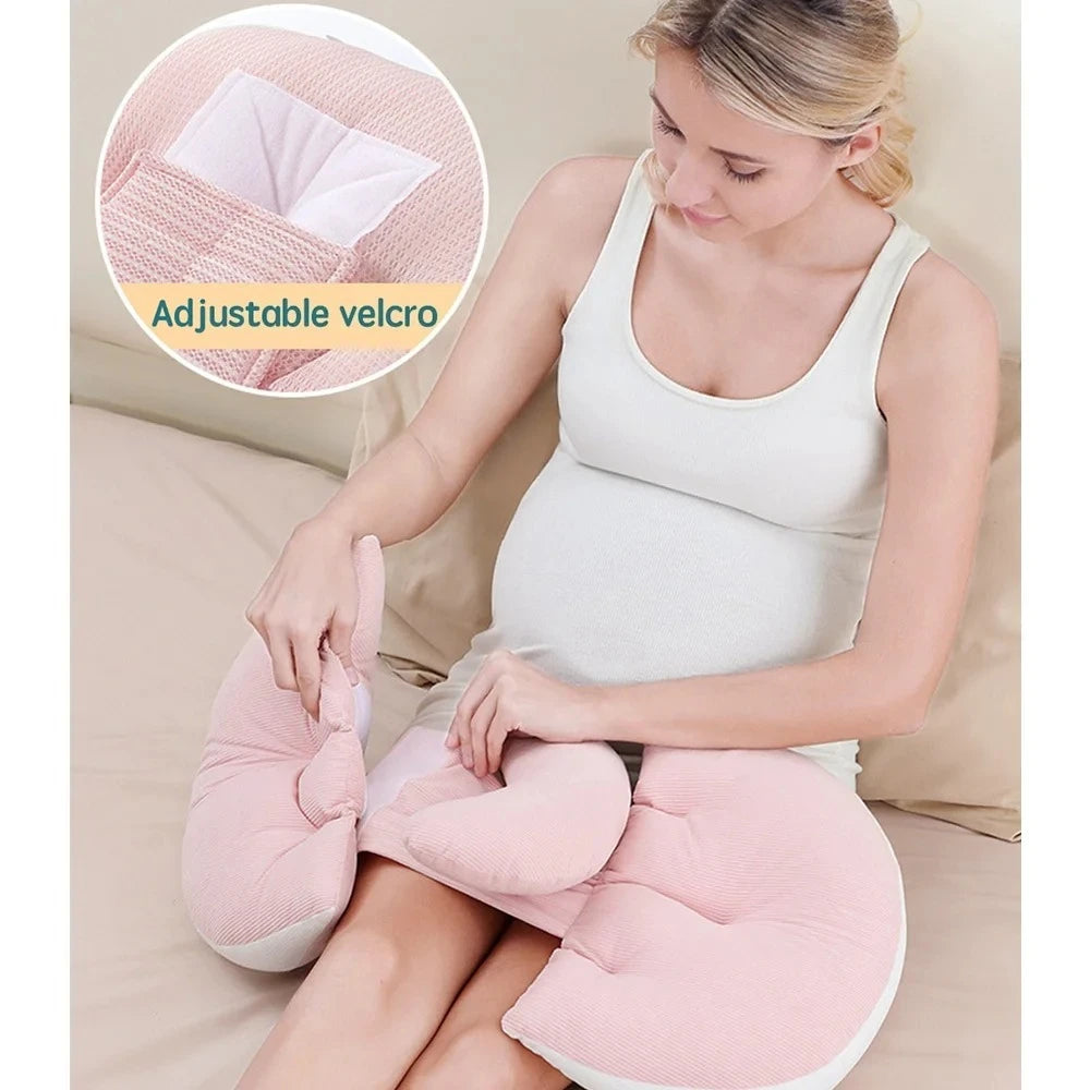 Maternity Body Pillow with Auxiliary Support Pillow | Cotton Pregnancy Sleep Cushion for Expecting Moms in Pink or Grey, Waist Support at Bedtime