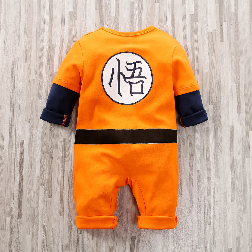 Orange Baby Romper with Training-Outfit Print, Contrast Long Sleeves and Snap Closures, Cotton One-Piece for Boys and Girls, Sizes 0-18M