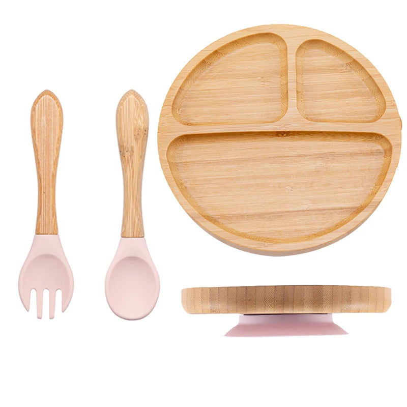 Baby Bamboo Suction Plate Set with Wooden-Handle Spoon and Fork, 3-Piece Cartoon Dinnerware with Divided Elephant Design for Toddler Meals