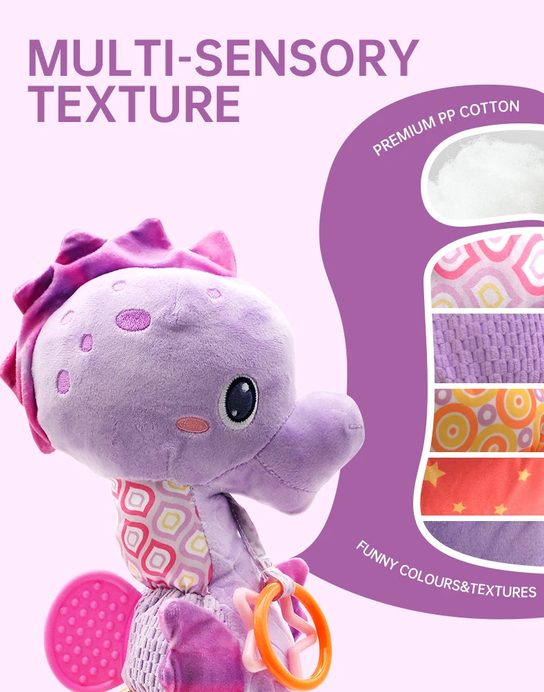 Plush Seahorse Baby Rattle with Crinkle Sounds, Colorful Patterned Panels and Soft Animal Design for Supervised Sensory Play and Baby Shower Gifts