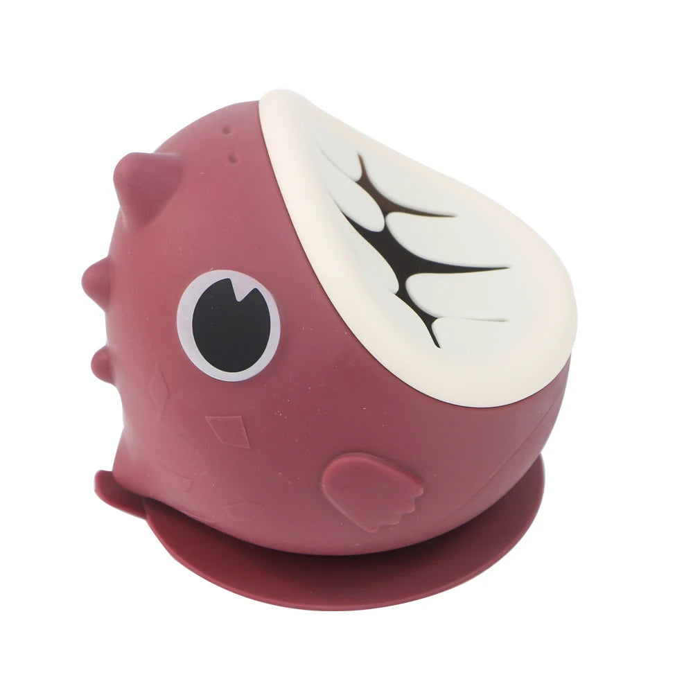 Dinosaur Silicone Suction Bowl with Slotted Snack Lid, Cartoon Baby Feeding Dish for Supervised Weaning Meals and Toddler Snacks