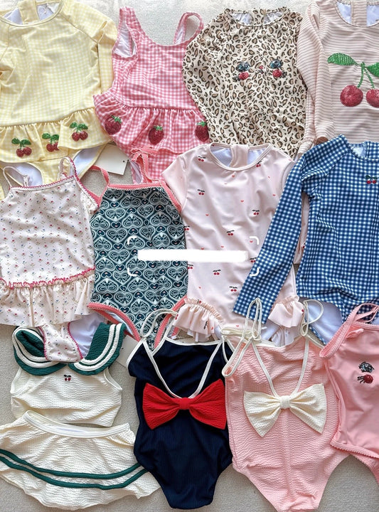 Cherry Detail Girls Swimwear with Ruffle, Bow and Sequin Styles, One-Piece Swimsuit and Two-Piece Options for Toddler Pool and Beach Days