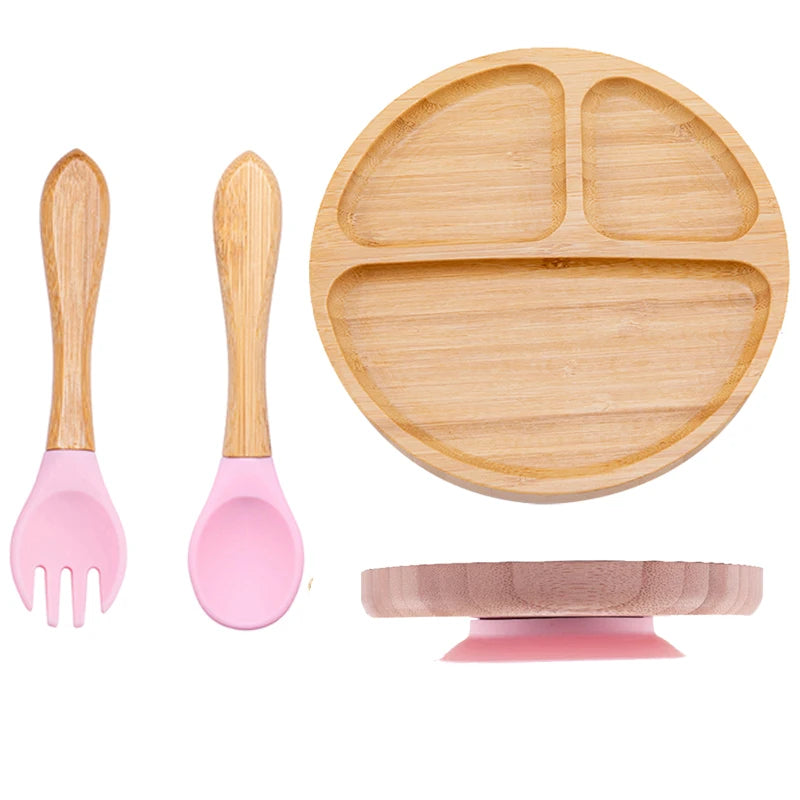 Baby Bamboo Suction Plate Set with Wooden-Handle Spoon and Fork, 3-Piece Cartoon Dinnerware with Divided Elephant Design for Toddler Meals