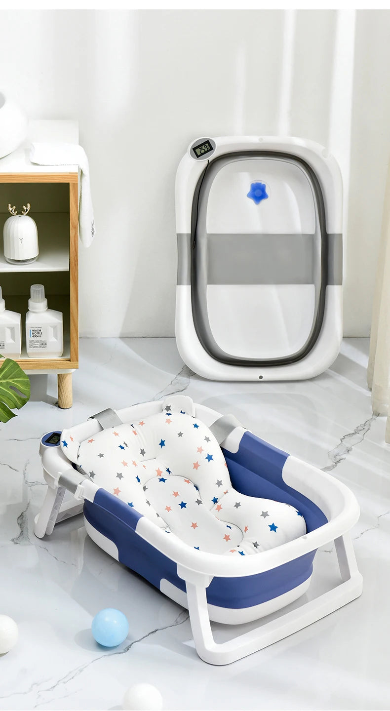 Temperature-Sensing Baby Bathtub with Digital Display, Compact Folding Bath Tub for Supervised Bathing and Small-Bathroom Storage