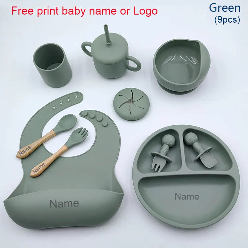 Nine-Piece Personalized Silicone Feeding Set with Suction Bowl, Divided Plate, Pocket Bib, Cups and Utensils for Supervised Baby Mealtimes