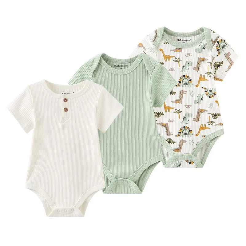 Cotton Infant Bodysuit Trio with Short Sleeves, Printed and Solid Baby One-Piece Outfits with Bottom Snaps for Boys and Girls, 3M-12M