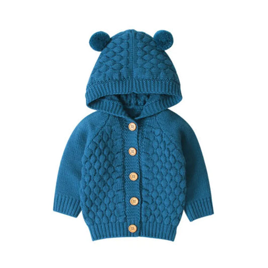 Bear Ear Hooded Baby Cardigan with Bobble Knit Texture, Button Front and Ribbed Cuffs, Long Sleeve Sweater Coat in Gray, White, Blue or Pink