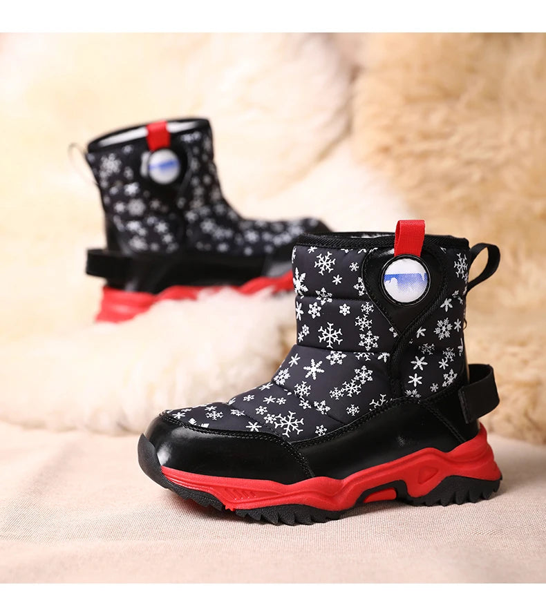 Snowflake Print Kids Winter Boots with Padded Shafts, Pull Tabs and Chunky Tread Soles, Pink Snow-Style Footwear for Boys and Girls