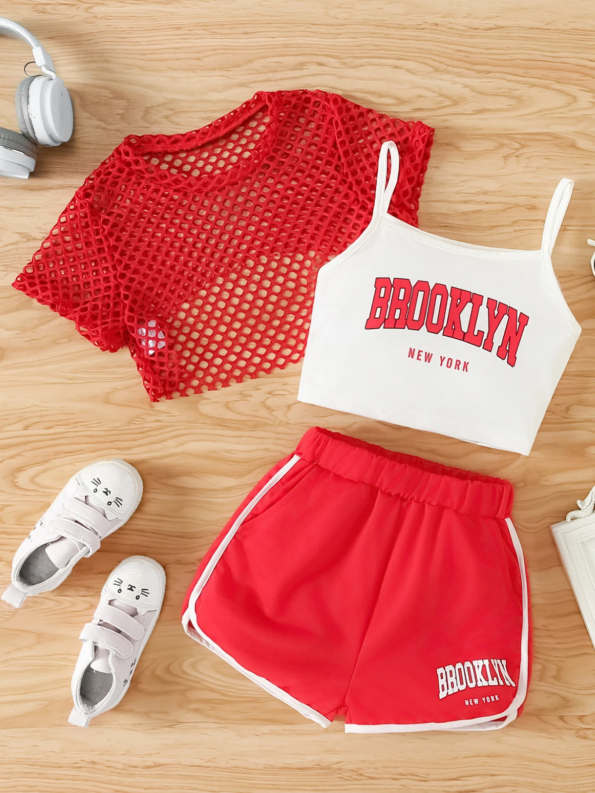 Girls Mesh Top and Shorts Outfit with Brooklyn Print Cami, Three-Piece Summer Set with Short Sleeves and Elastic Waist for Ages 8-12