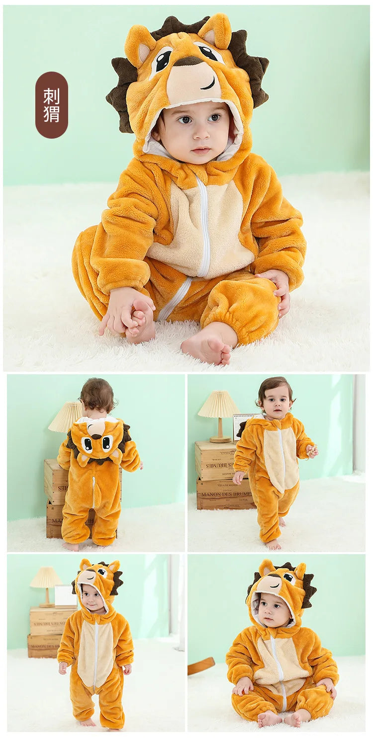 Animal Kigurumi Costume for Babies and Toddlers, Hooded Flannel Jumpsuit with Long Sleeves for Halloween Dress-Up and Family Photos
