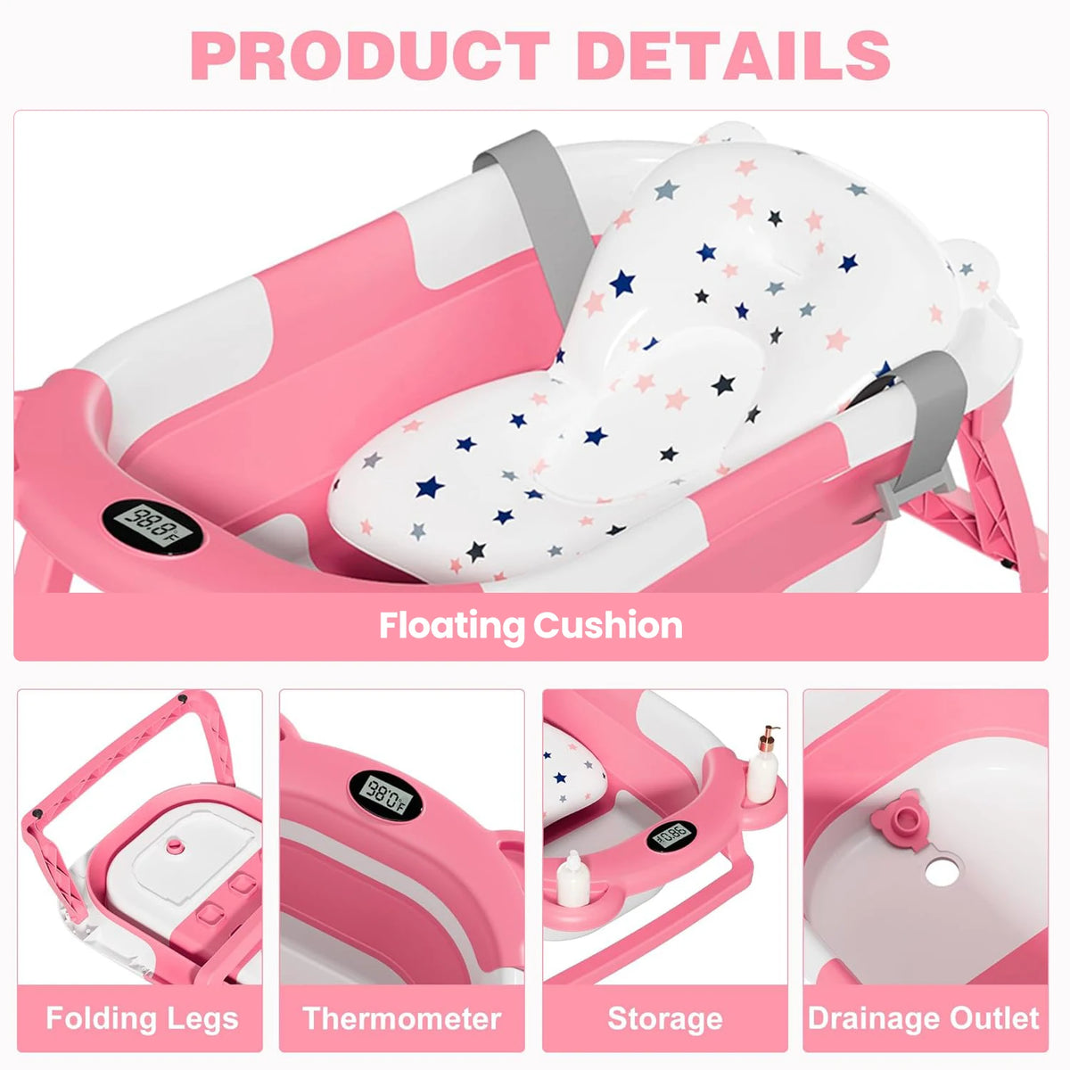 Travel Baby Bathtub with Thermometer and Soft Floating Cushion, Collapsible PP and TPE Bath Tub with Drain Plug for Supervised Infant and Toddler Bathing