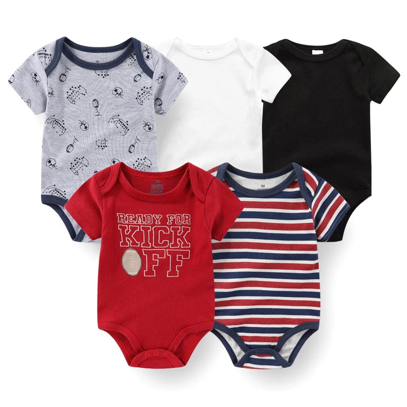 Cotton Baby Bodysuit Set of 5, Short Sleeve and Sleeveless Infant Clothing Styles with Solid Colors and Prints for Boys and Girls, 3M-12M