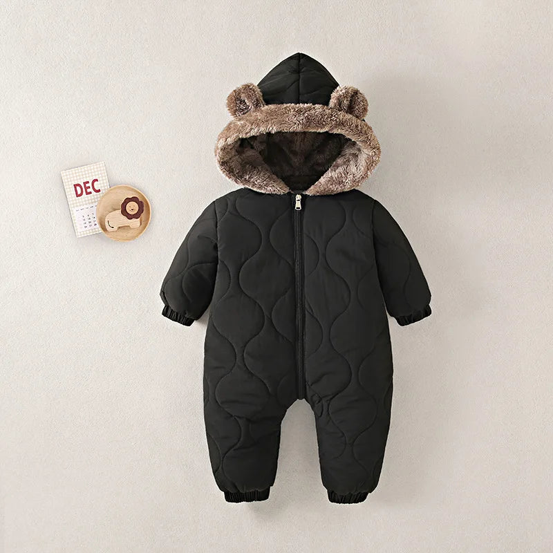 Baby Quilted Hooded Jumpsuit with Bear Ears, Plush-Look Hood Trim and Front Zipper, Long Sleeve Winter One-Piece Clothing for Infants and Toddlers