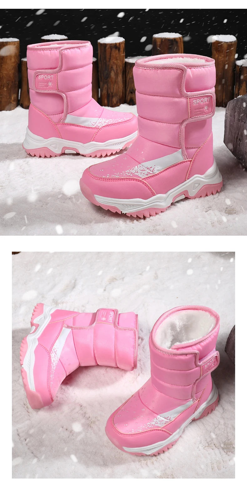 Kids Plush-Lined Winter Boots with Padded Shafts and Front Flap Closures, Pink or Purple Snow-Style Footwear for Boys and Girls