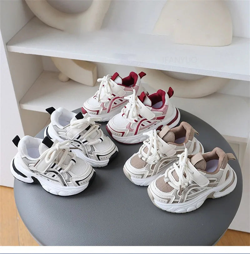 Children Mesh Sports Sneakers with Layered Panels, Lace and Strap Styling for Boys and Girls, Casual Spring and Fall Shoes in Red, Khaki or Black