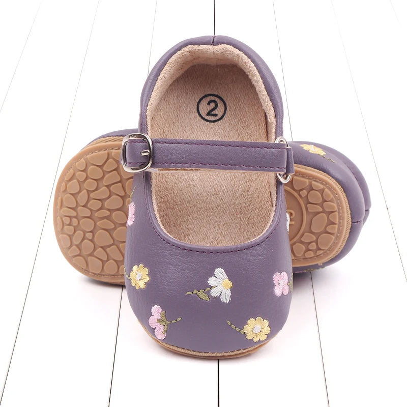 Baby Floral Mary Jane Shoes with Embroidered Flowers, Soft TPR Soles and PU Uppers in Beige Brown or Lavender for Dressy Outfits, Sizes 0-18 Months