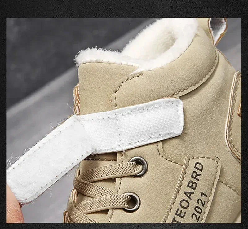 Kids Plush-Lined Winter Boots with Hook-and-Loop Ankle Strap and Lace-Up Front, Gray or Khaki High-Top Casual Shoes with Chunky Sole in Sizes 26–37