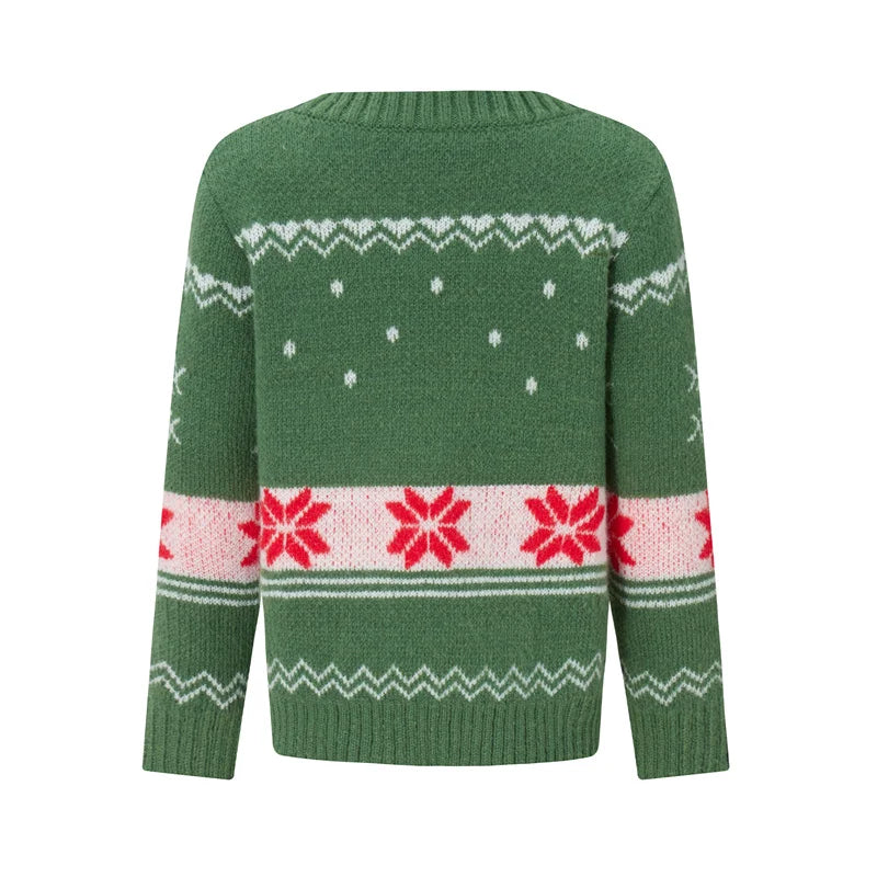 Reindeer Family Christmas Sweaters in Red or Green, Matching Mom Dad and Kids Long Sleeve Crewneck Pullovers for Holiday Photos and Parties