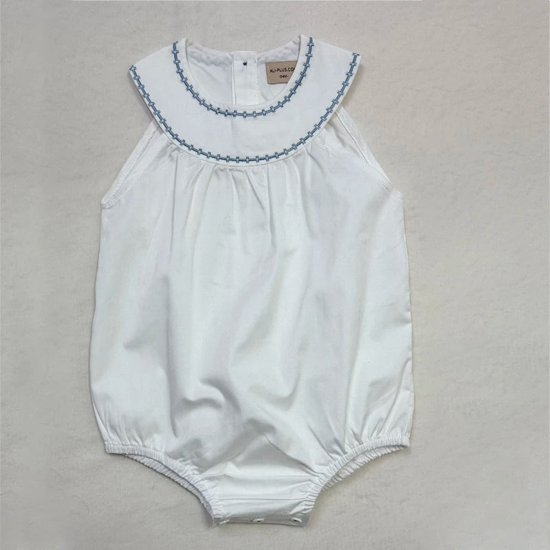Matching Sibling Clothes with Classic Blue Trim, Shirts, Shorts, Overalls, Dresses and Cardigan Options for Baby Boys, Girls and Kids