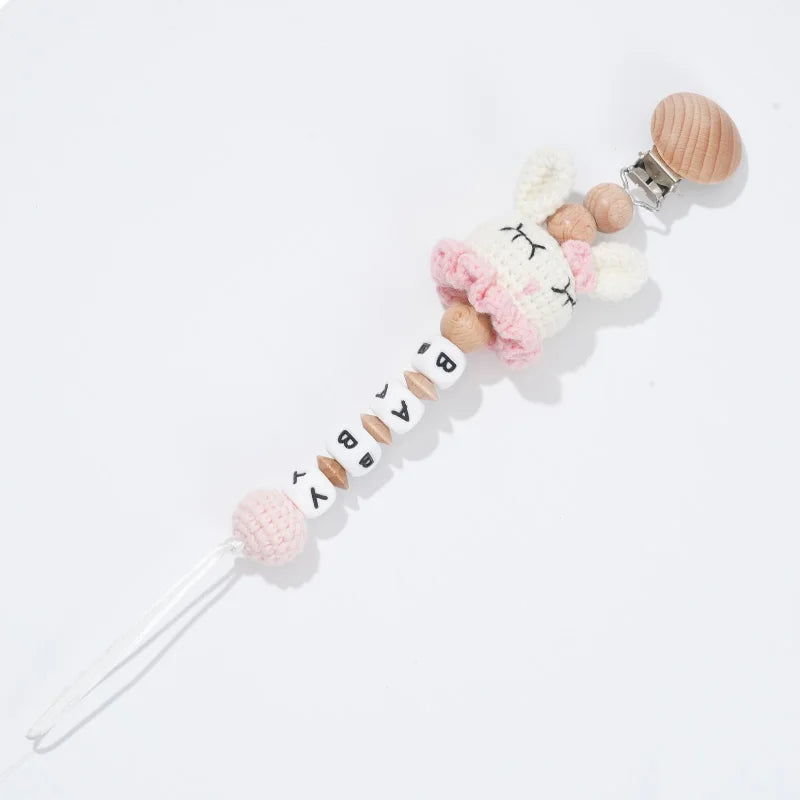 Custom Name Pacifier Clip with Crochet Animal Detail, Beech Wood Holder and Letter Beads, Personalized Baby Shower Gift for Everyday Outings