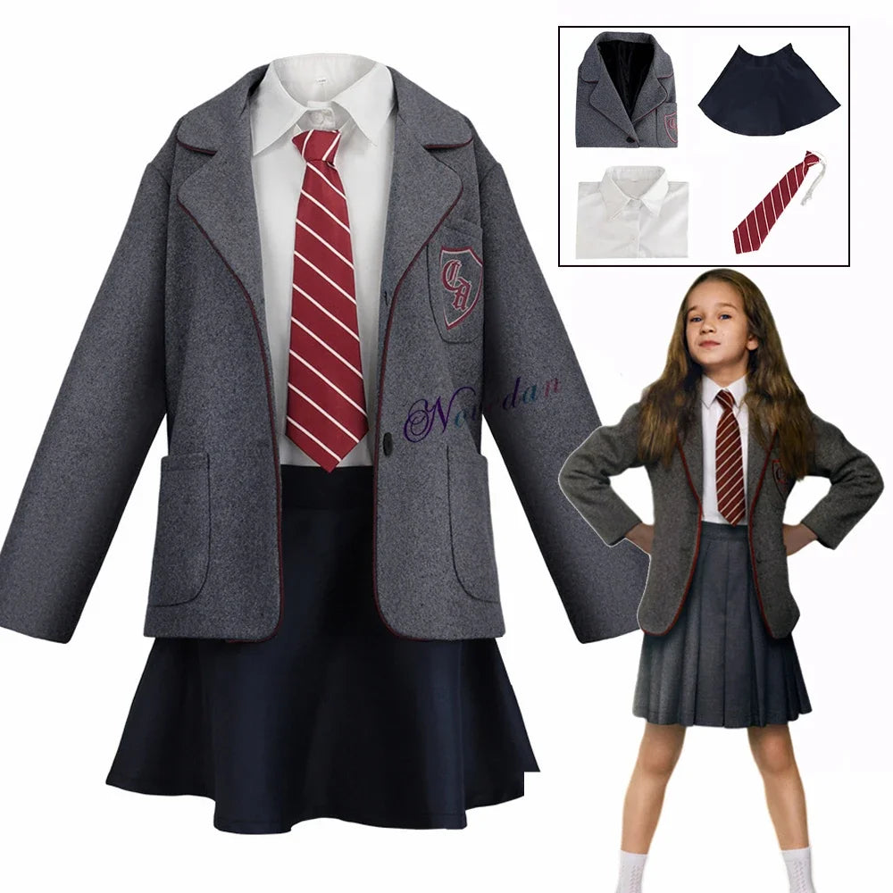 Matilda School Uniform Costume for Girls and Women, Grey Blazer and Dark Skirt with Striped Tie for Musical Cosplay and Halloween Parties