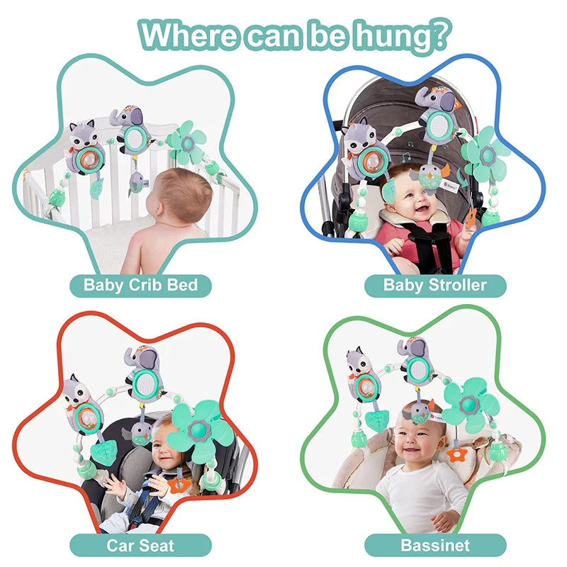 Musical Baby Toy Arch with Animal Rattle, Mirror and Spinning Windmill, Foldable Clip-On Sensory Activity Bar for Compatible Strollers