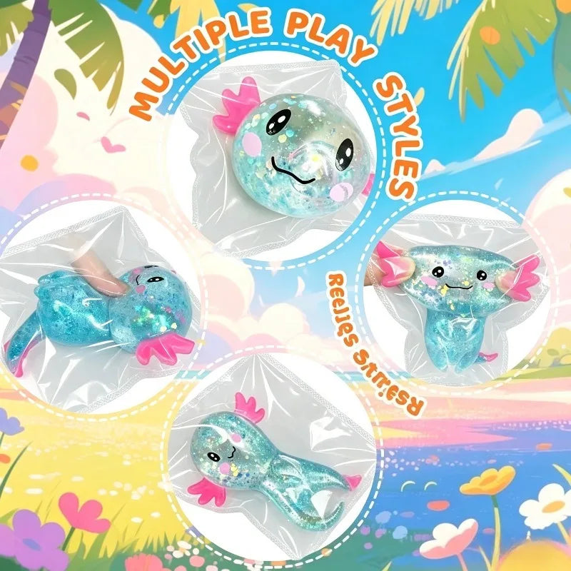 Axolotl Squishy Toy with Glitter, Soft TPR Salamander Squeeze Fidget for Gentle Tactile Play, One Random-Color Animal Lover Gift