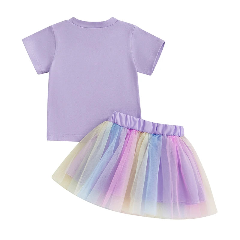 Toddler Girl Birthday Outfit with Purple Embroidered Tee and Pastel Rainbow Tulle Skirt, Two-Piece Party and Photo Set, 12 Months-6 Years