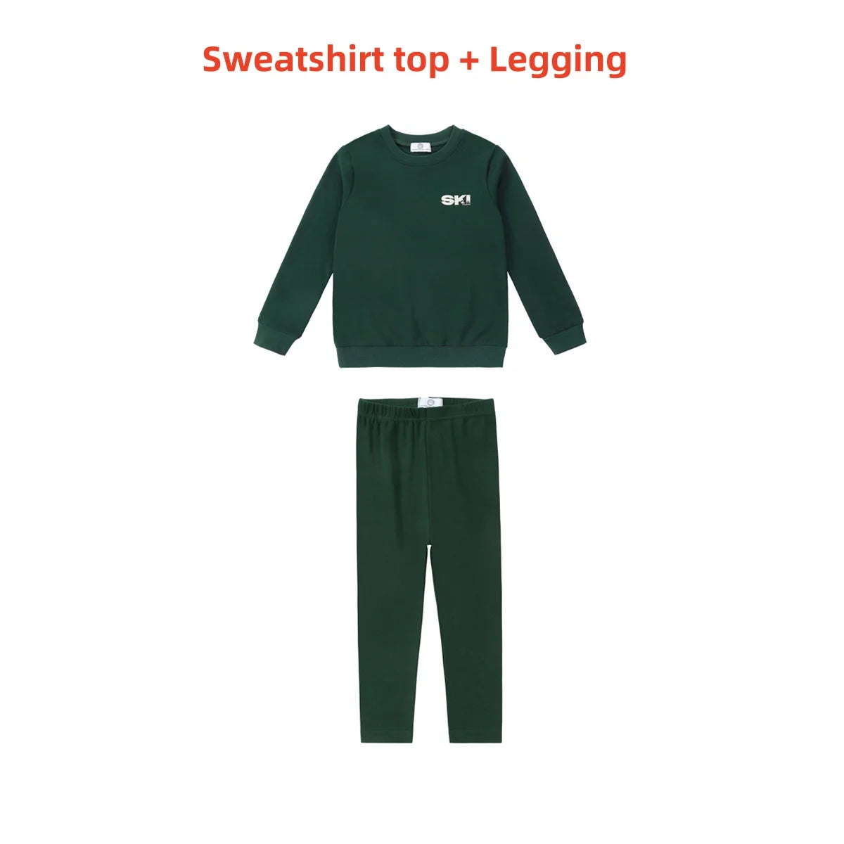 Kids Ski Graphic Cotton Outfits in Ecru, Hunter Green and Acid Wash Grey, Coordinating Sweatshirts, Dresses and Baby Sets for Sibling Matching Looks