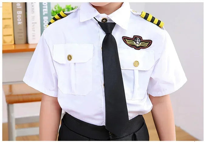 Kids Pilot Costume for Boys and Girls, Airline Captain Uniform-Style Outfit with Short Sleeve Shirt Styling for Career Day and Halloween