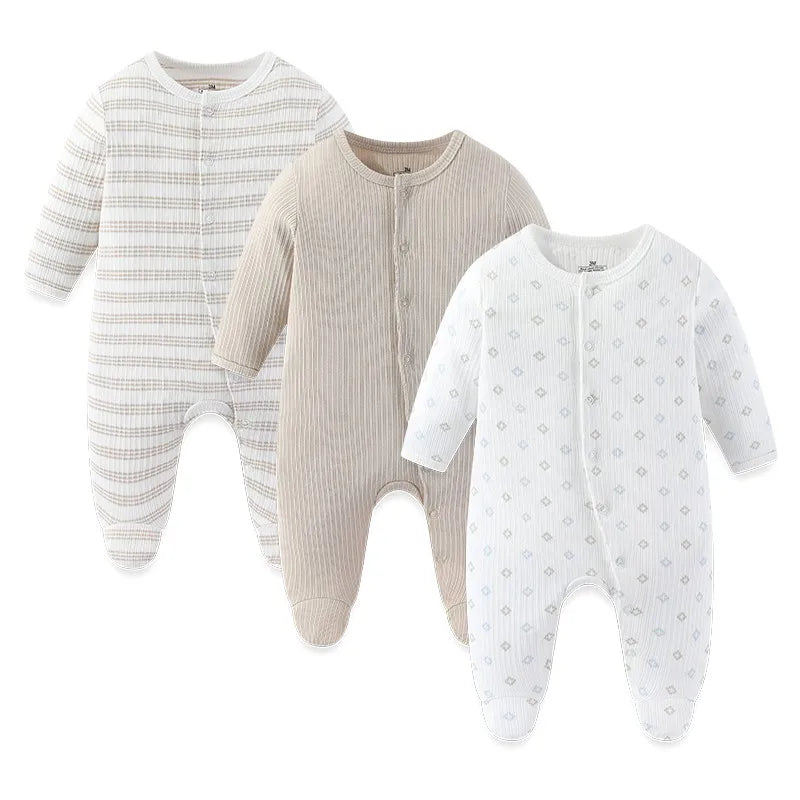 Baby Footed Jumpsuits 3-Pack, 100% Cotton Long Sleeve Cartoon Rompers for Newborn Boys and Girls, Fall and Winter Everyday Outfits