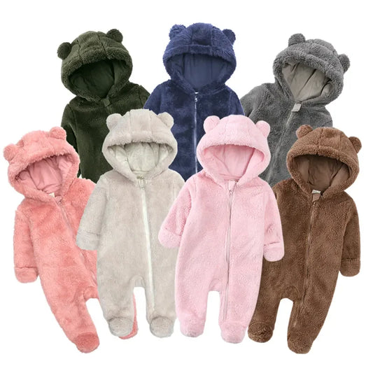 Hooded Baby Fleece Romper with Bear Ears and Front Zipper, Solid-Color Long Sleeve Winter One-Piece Outfit for Boys and Girls, Newborn to 12 Months