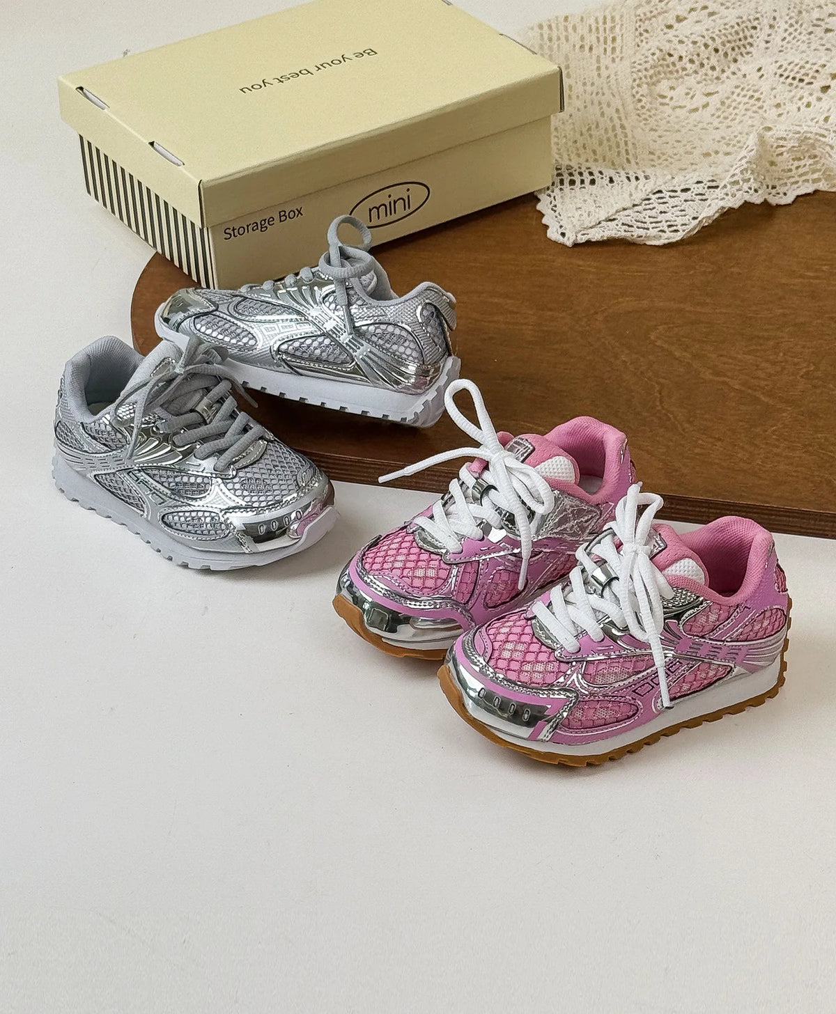 Kids Mesh Sneakers with Metallic Orbit Styling, Lace-Up Casual Walking Shoes in Pink or Silver with Rubber Soles for Everyday Outfits