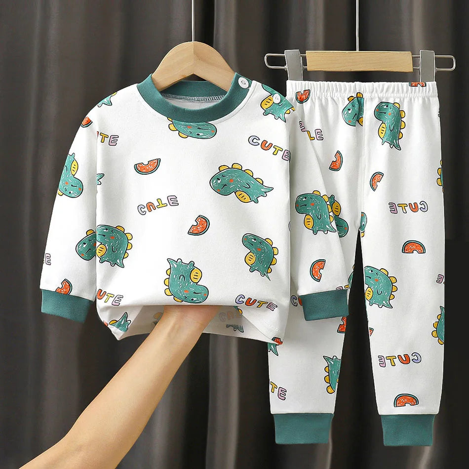 Dinosaur Print Kids Cotton Two-Piece Set with Long Sleeve Top and Matching Cuffed Pants, Unisex Baby and Toddler Outfit in Sizes 73-130