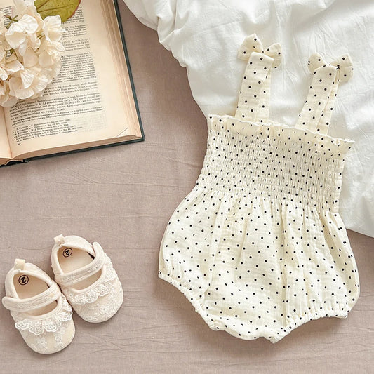 Smocked Baby Girl Romper with Bow Shoulder Straps, Sleeveless Floral or Polka Dot Summer One-Piece Outfit for Family Photos and Visits, Sizes 66-90