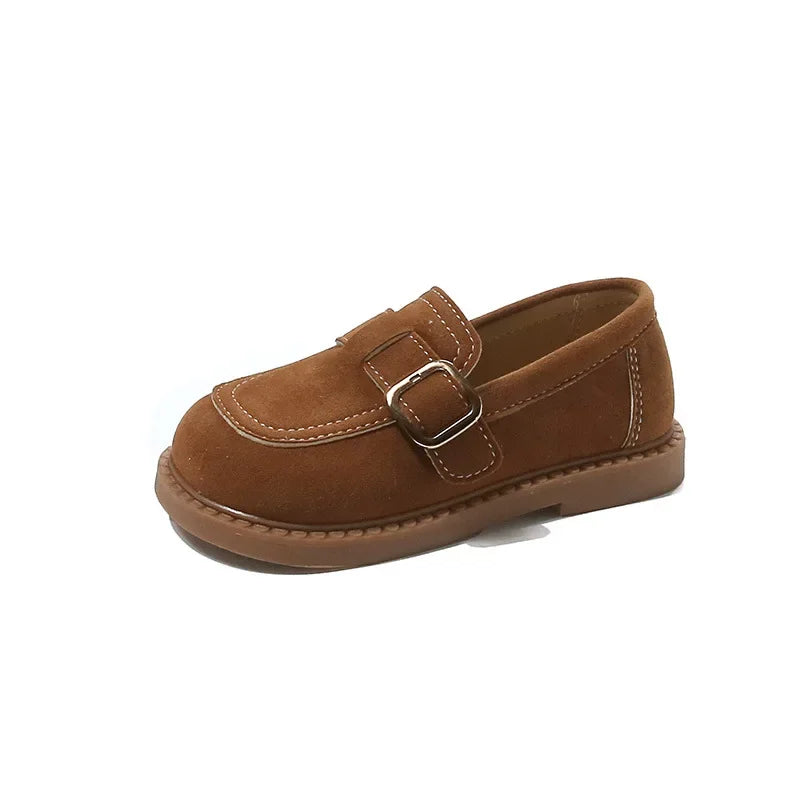 Girls Buckle Loafers with Rounded Toe and Stitched Detail, Brown or Khaki Casual Flats for School Outfits, Spring and Fall Days