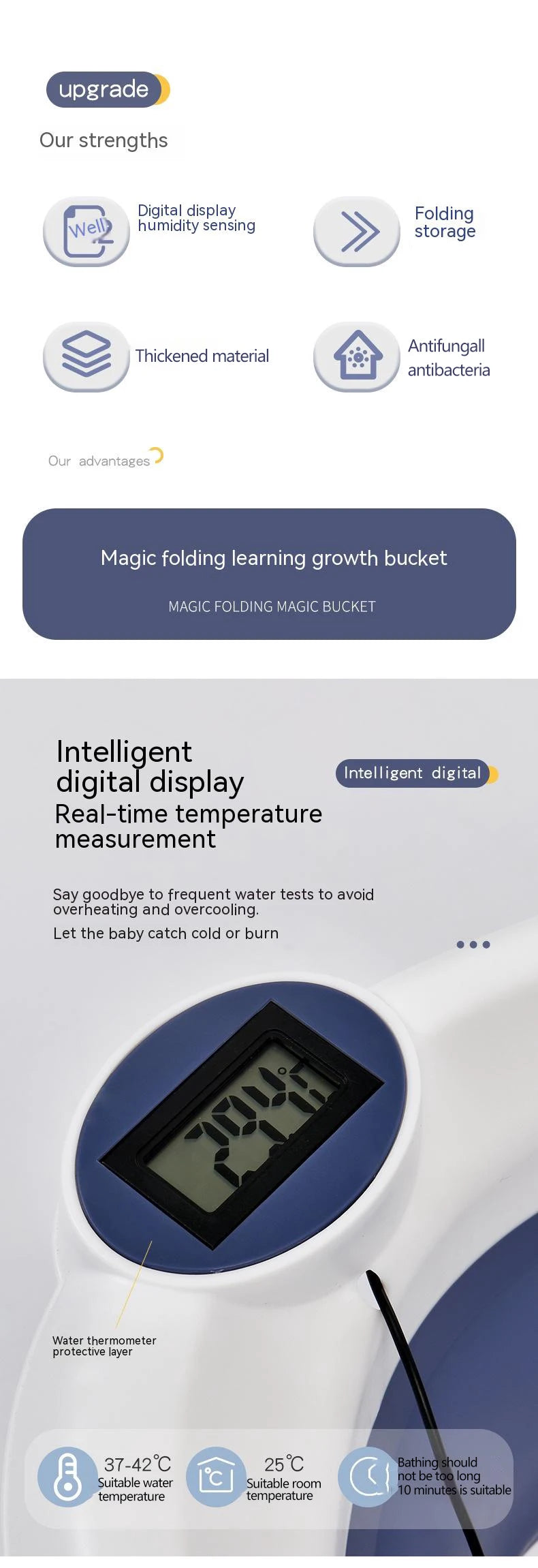 Temperature-Sensing Baby Bathtub with Digital Display, Compact Folding Bath Tub for Supervised Bathing and Small-Bathroom Storage