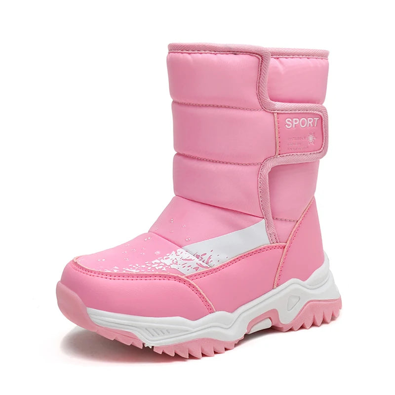 Kids Plush-Lined Winter Boots with Padded Shafts and Front Flap Closures, Pink or Purple Snow-Style Footwear for Boys and Girls