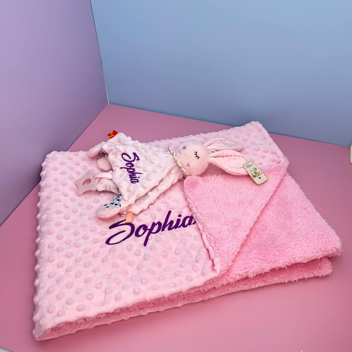 Embroidered Name Baby Blanket and Animal Comforter Options, Personalized Minky Bubble-Texture Keepsake with Single-Item and Two-Piece Gift Choices