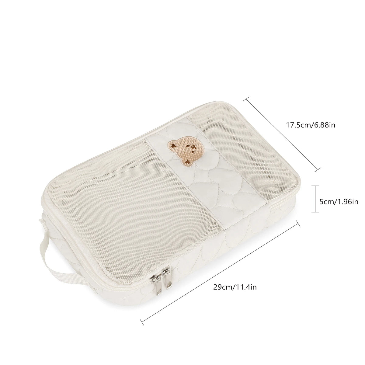 Diaper Organizer Bag with Mesh Front and White Bear Detail, Portable Zip Pouch for Baby Clothes, Changing Essentials and Family Travel