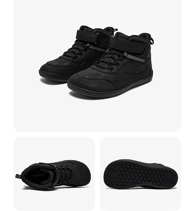 Kids Barefoot Boots with Wide Toe Box, Zero-Drop Sole and Adjustable Hook-and-Loop Strap, HOBIBEAR Artificial Leather Mid-Top Outdoor Shoes