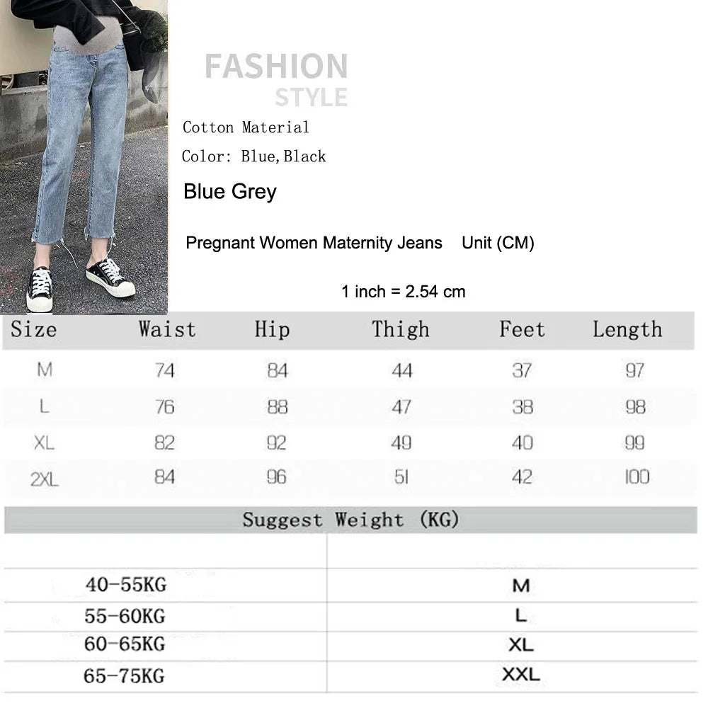 Maternity Denim Jeans with Over-Belly Panel, Blue Pregnancy Pants with Frayed Hem Styling, M-2XL Options for Everyday Casual Outfits