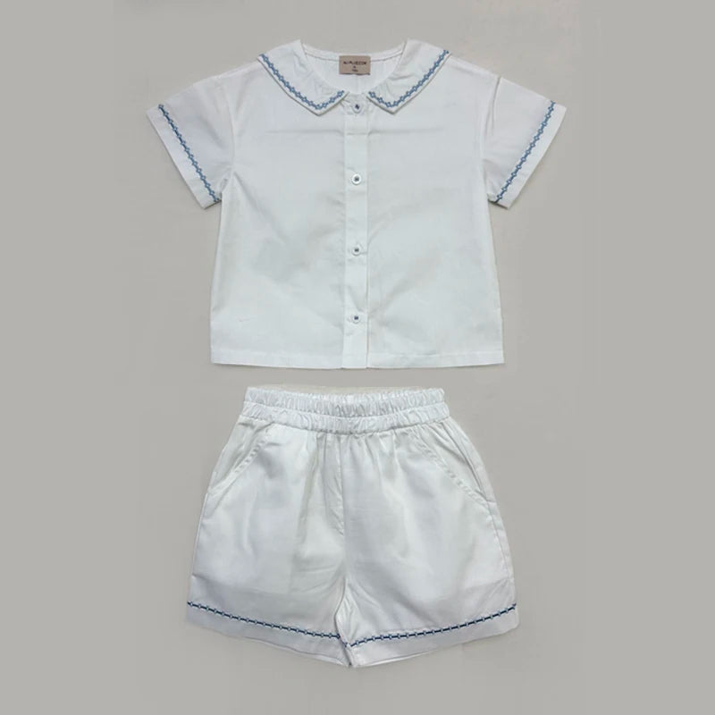 Matching Sibling Clothes with Classic Blue Trim, Shirts, Shorts, Overalls, Dresses and Cardigan Options for Baby Boys, Girls and Kids