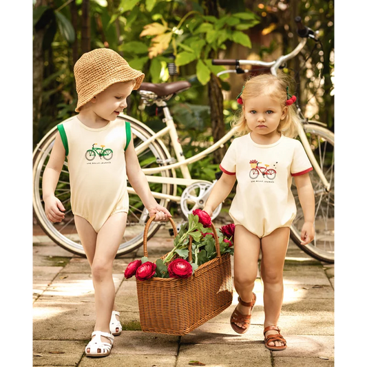 Bicycle Print Sibling Matching Outfits, Cream Girls Dresses and Tops with Red Skirts, Boys Green Shorts and Baby Rompers for Family Photos