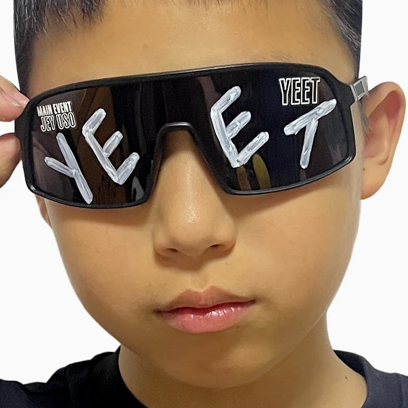 YEET Graphic Sunglasses with Jey Uso Main Event Lettering, Colorful Shield-Style Fan Shades in Children's and Adult Options for Party Outfits
