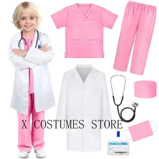 Kids Doctor Costume Set with White Lab Coat and Colorful Scrubs, Nurse Role-Play Outfit for Boys and Girls, Career Day, Halloween and Pretend Clinic Play
