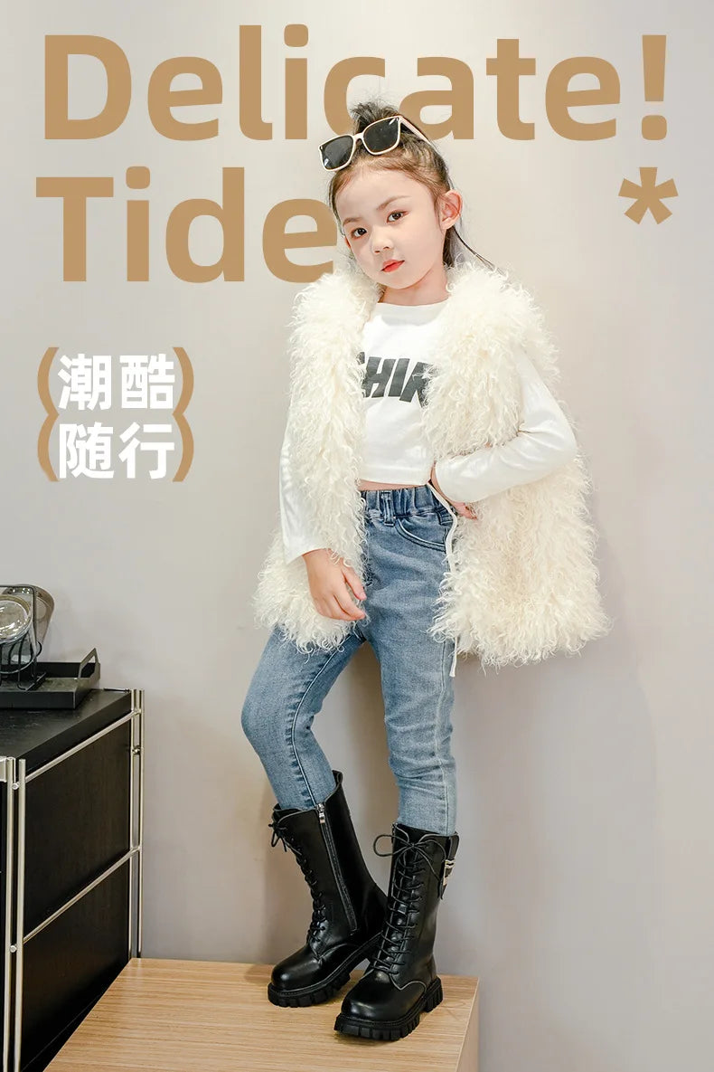 Girls Buckle Detail Tall Boots with Lace-Up Front and Side Zippers, Chunky Lug-Style Soles and Round Toes for Casual Fall Outfits